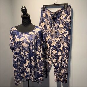 Panama Jack 2pc Outfit Navy/Tan Tropical Floral Hawaiian‎ SzXL/2XL Linen Blend